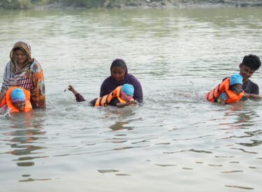 The YES4ECO project, implemented by SDS in partnership with EDUCO, provided swimming and water safety lessons to 90 children aged 5–12 across three villages in Zanjira, Shariatpur.